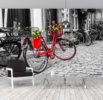 Image de Retro vintage red bicycle on cobblestone street in the old town